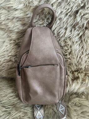 Taupe Sling Backpack 12 x 8. Vinyl. NWT
